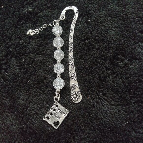 Secret Love Crystal Bead Metal Bookmark Silver Floral Engraved Hook - Picture 7 of 7